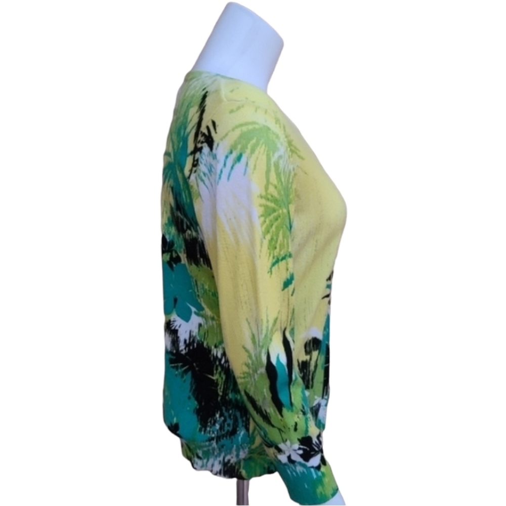Tropical Floral Lightweight Cardigan Sweater PM Yellow Green Button Front 3/4 - Picture 5 of 15